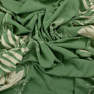 Retalho Tecido Viscose Trama de Linho Barrado Maxi Floral Verde Oliva 0,65 Metro