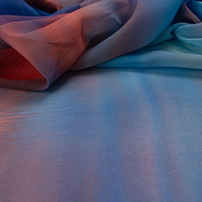 Tecido Crepe Georgete Estampa Abstrata Coral e Azul Royal