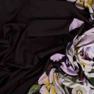 Tecido Seda Twill  Italiana Estampa Barrada Floral Preto