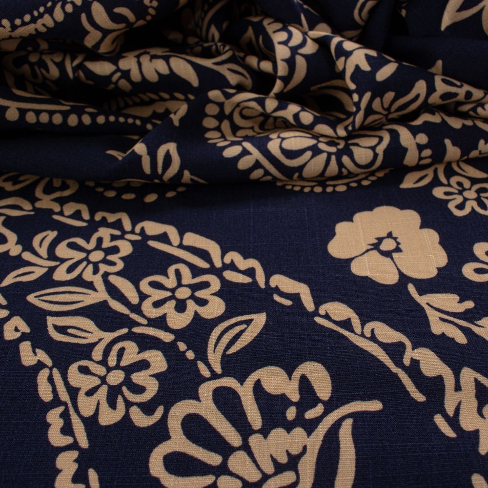 Tecido Viscose Trama de Linho Estampa maxi Paisley Azul Marinho